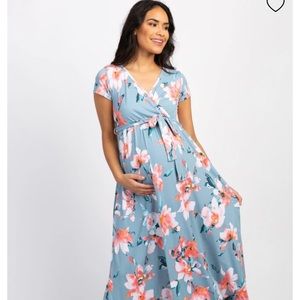 Pink blush light blue floral short sleeve maternity/nursing wrap dress- size L